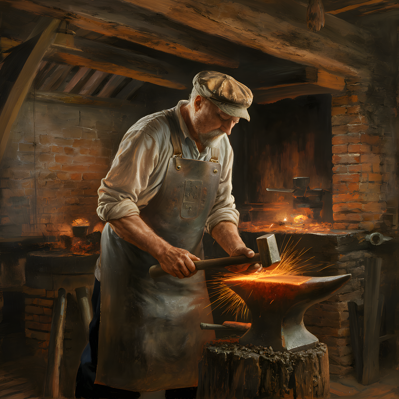 Realistic illustration of a blacksmith hammering glowing hot metal on an anvil, sparks flying, symbolizing the forging and renewal of mindset