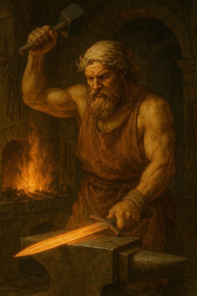 Realistic illustration of a blacksmith hammering a glowing sword on an anvil, sparks flying, symbolizing the forceful renewal and impact of mindset in Christian discipleship