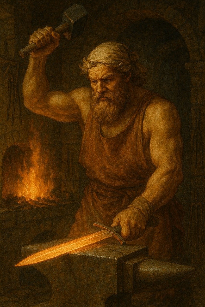 Realistic illustration of a blacksmith hammering a glowing sword on an anvil, sparks flying, symbolizing the forceful renewal and impact of mindset in Christian discipleship