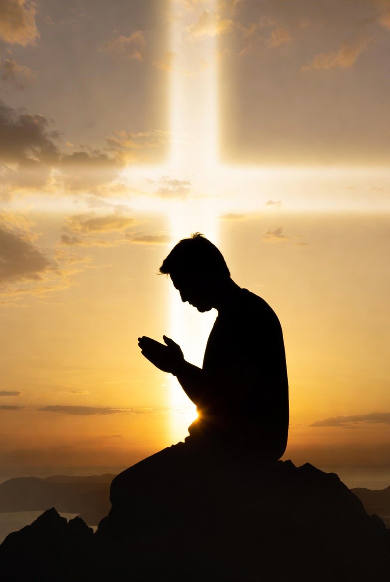 Silhouette of a man kneeling in prayer at sunrise with a glowing cross of light, symbolizing honest reflection, encouragement, and grace in facing personal shortcomings as a disciple of Christ.