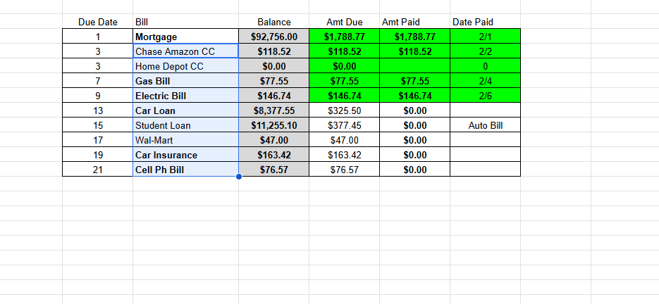 Screenshot of personal budgeting spreadsheet in Google Docs