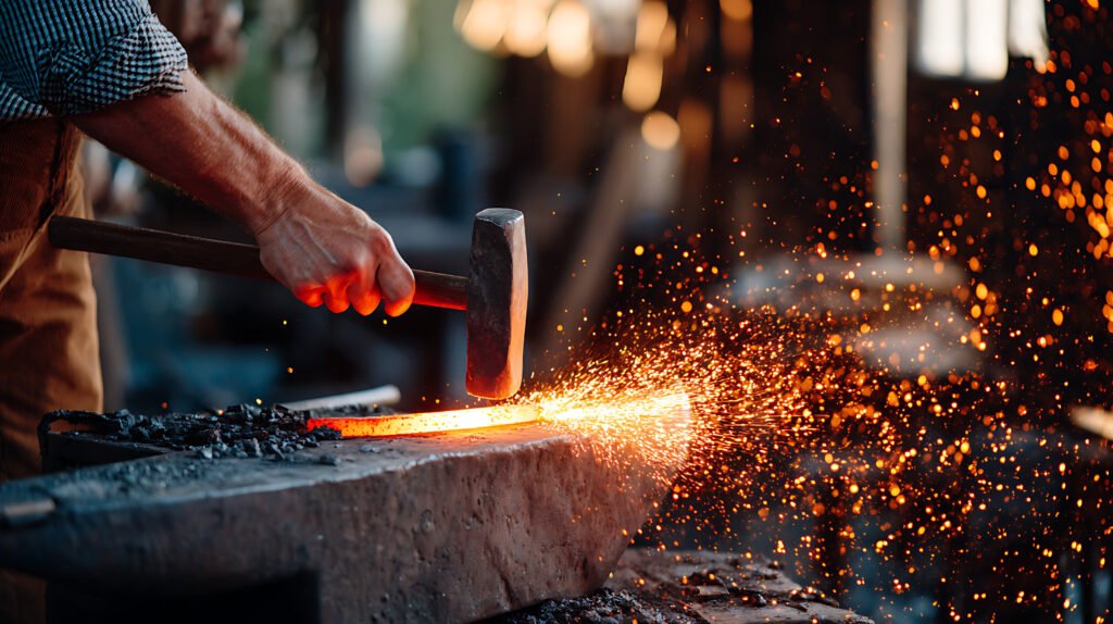 Dramatic close-up of a blacksmith hammering glowing hot metal on an anvil, with bright orange sparks flying in a dark forge. Symbolizing trials, transformation, and the forging process.